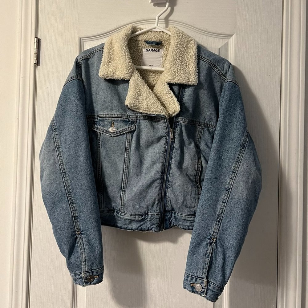 Garage Sherpa Fur Denim Aviator Crop Jacket